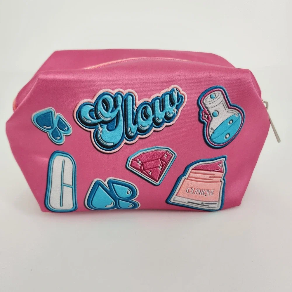 Clinique Pink Satin Glow Embroidered Patch Makeup Cosmetic Bag Travel Pouch NWOT